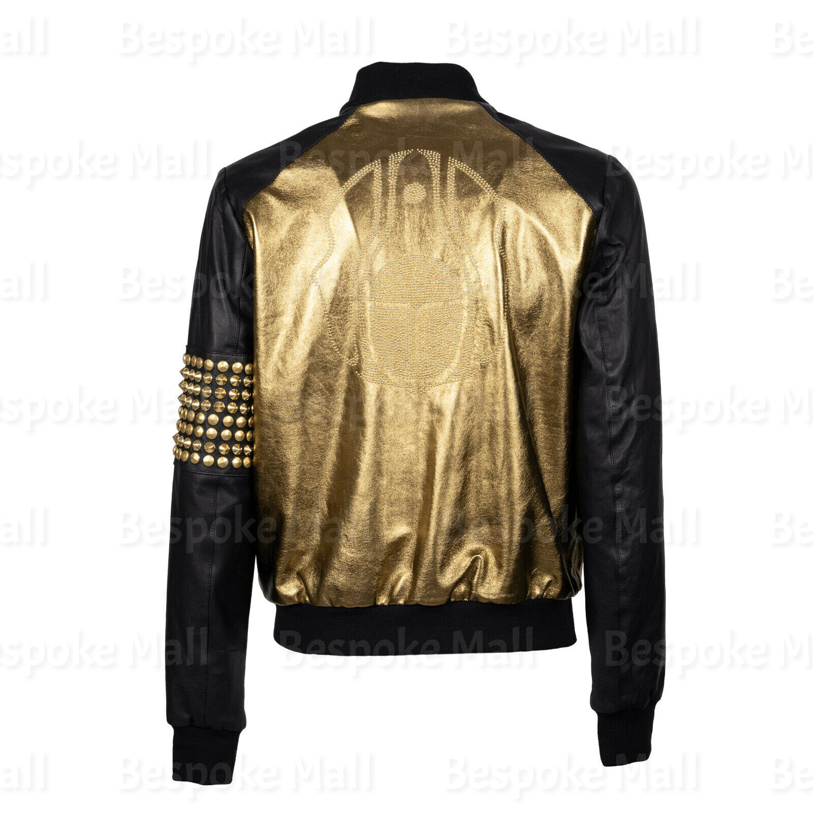 Pre-owned Handmade Men's  Black Golden Studded Brando Cowhide Biker Leather Jacket-656
