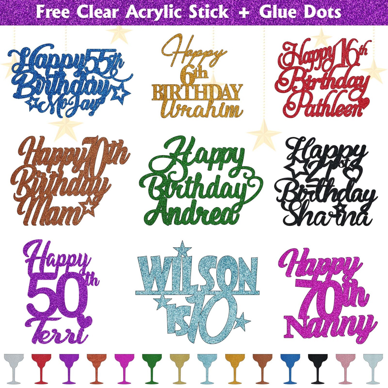 Personalised Glitter Cake Topper Happy Birthday Any Age Name 50th 60th 70th 80th