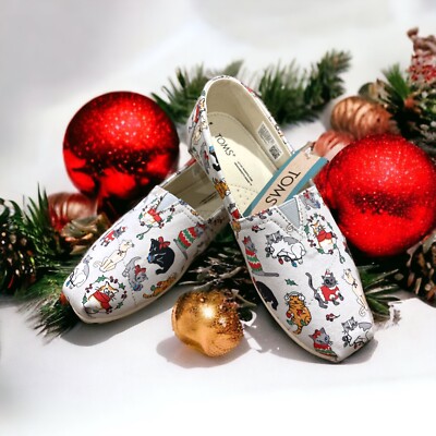 TOMS Women's Sneakers Size 6 Holiday CHRISTMAS CATS Light Grey Flat Shoes New