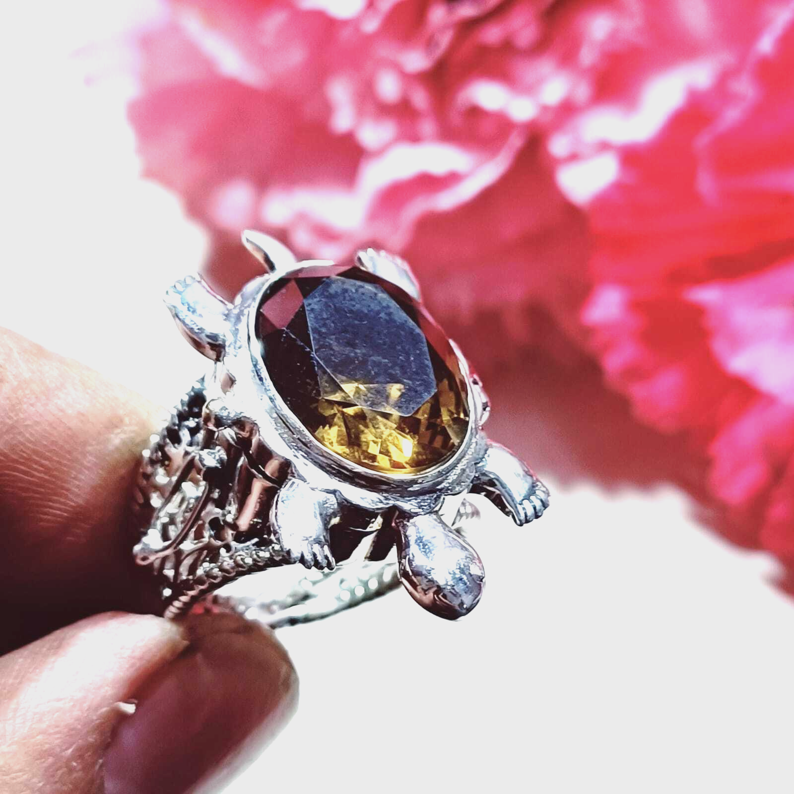 [t-2] 10K／Silver925／Quartz ／PEACE MAKER Smoky Quartz Gemstone Turtle Poison Ring,925 Sterling Silver