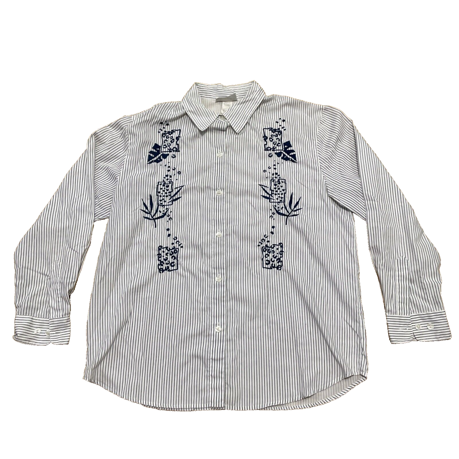 GRAFF Vtg Button Shirt M Blue White Striped Floral Stitch Preppy