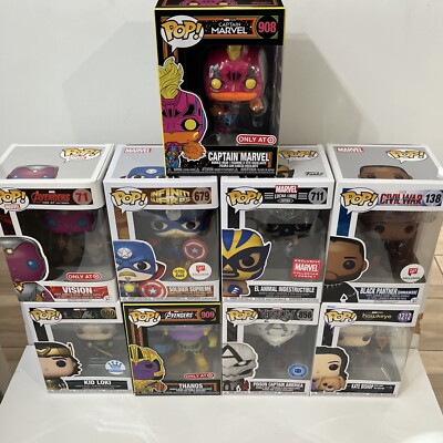 Marvel Funko Pop Lot Of 9 Vison Loki Thanos Captain Marvel + More