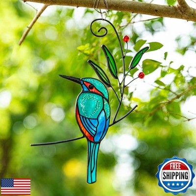Stained Glass Window Hangings - Modern Kingfisher Birds Decor with Branch, Le