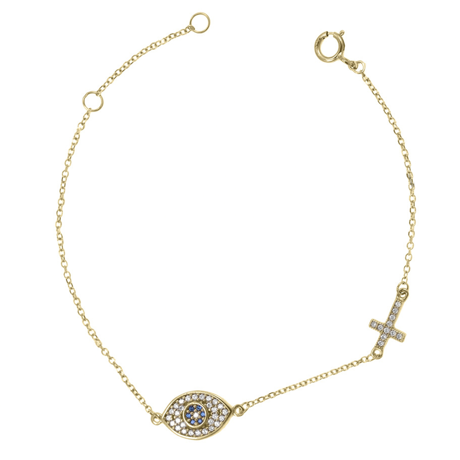 14K Gold  VS/F-G Diamond And Blue Sapphire Evil Eye And Cross Charm Bracelet