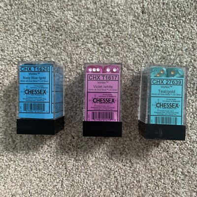 Lot Of OOP Chessex 16mm d6 dice sets - Vortex Navy Blue, Violet, Teal