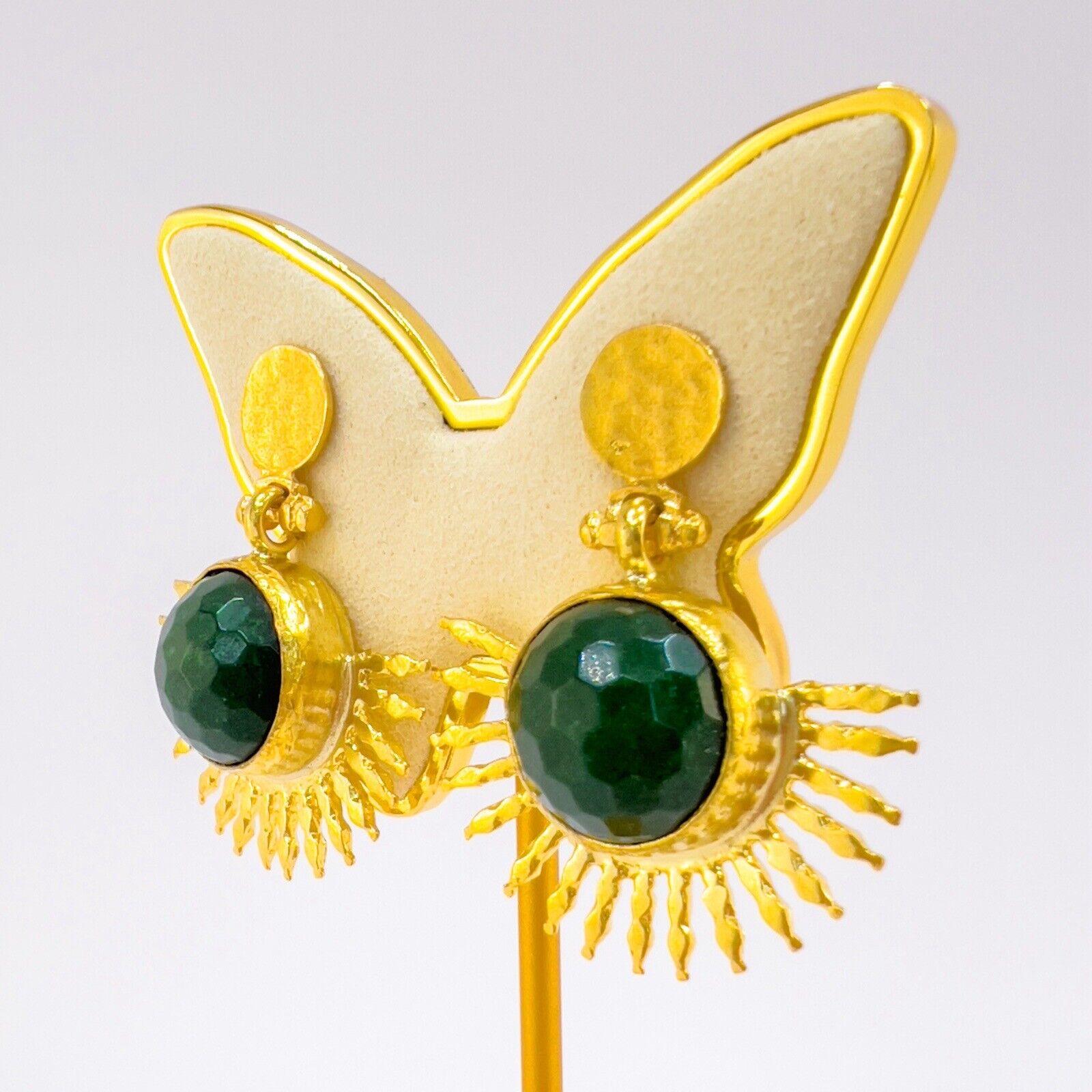 Etruscan Style Green Quartz Heavy Gold Plated Sunburst Dangle Earrings New 1.48