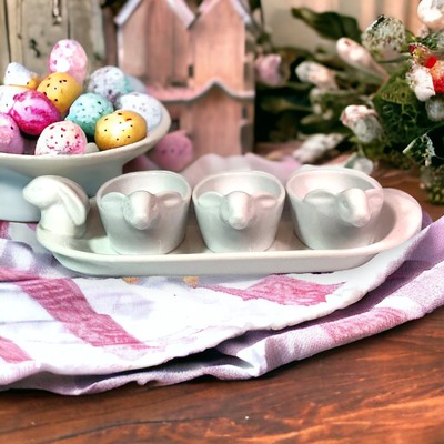 Ceramic White Bunny Tray & Dishes/Cups Set Easter Decor Cottagecore Farmhouse