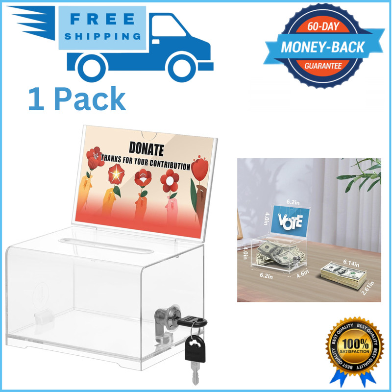 CLEAR DONATION BOX WITH LOCK Ballot Suggestion Tips Cash Charity