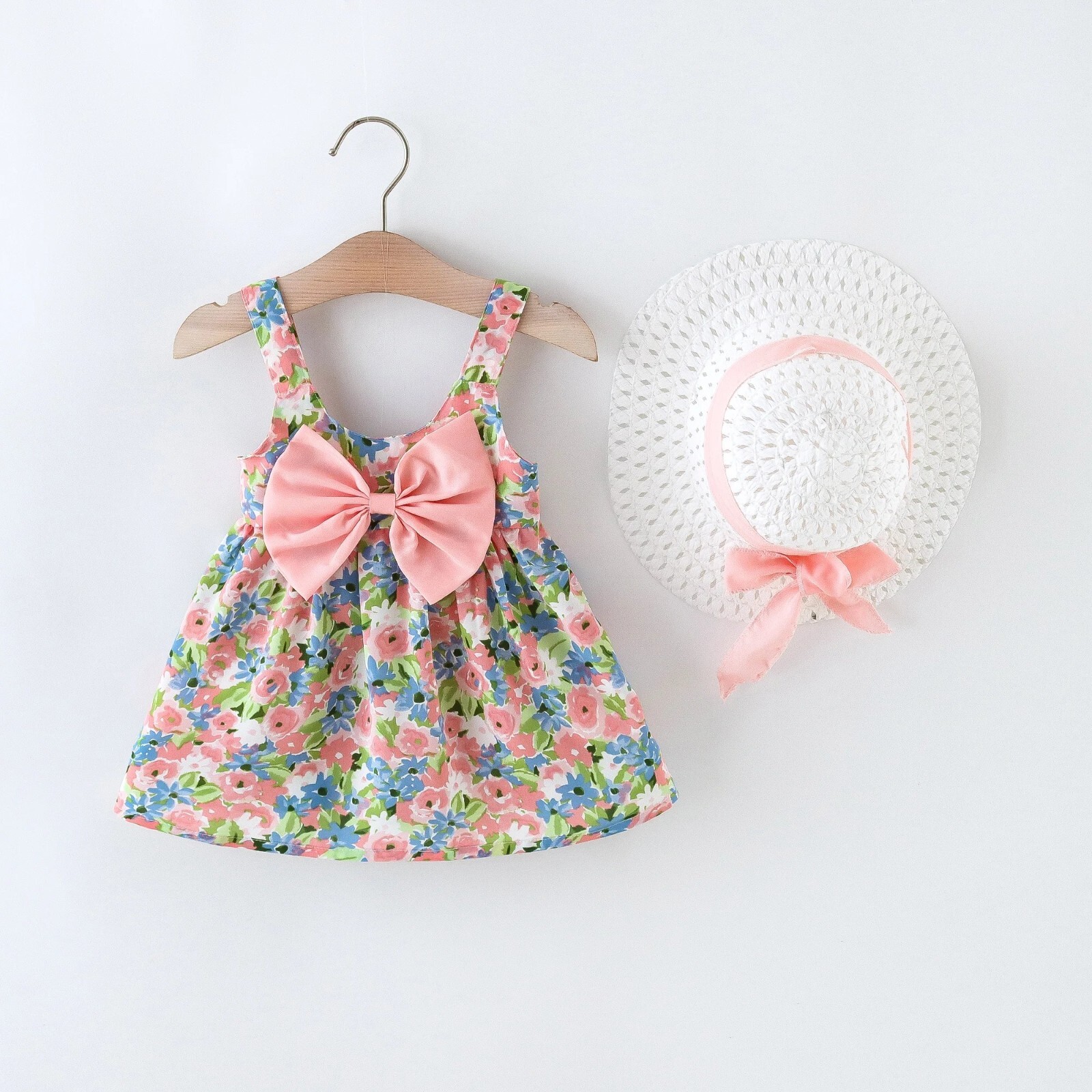 Mädchen Kinder Kleid Outfit Set Baby Blumen Kleidung Oberteil Sommer Mütze Hüte