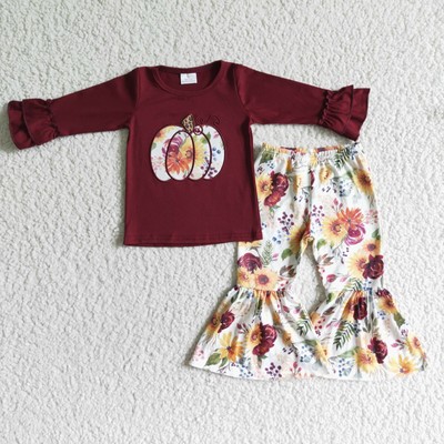 Girls Maroon Pumpkin Embroidery Floral Bell Pants Set 2pcs Pumpkin Patch Outfit 