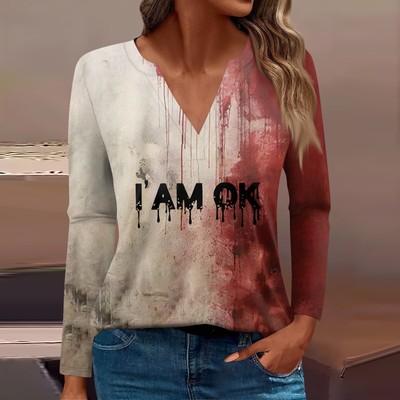 Women's T Shirt Tee Print Button Long Sleeve Daily Weekend Fashion Basic V Neck