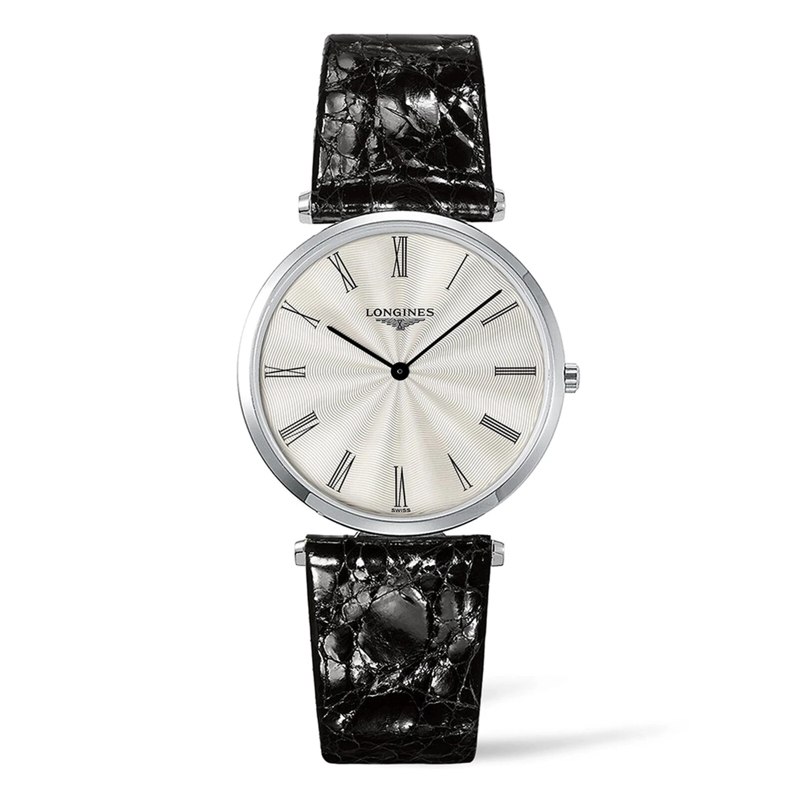 値下げ品　Longines メンズQuartz ステンレスメッシュバンド Longines La Grande Quartz Silver Dial Black Leather Strap