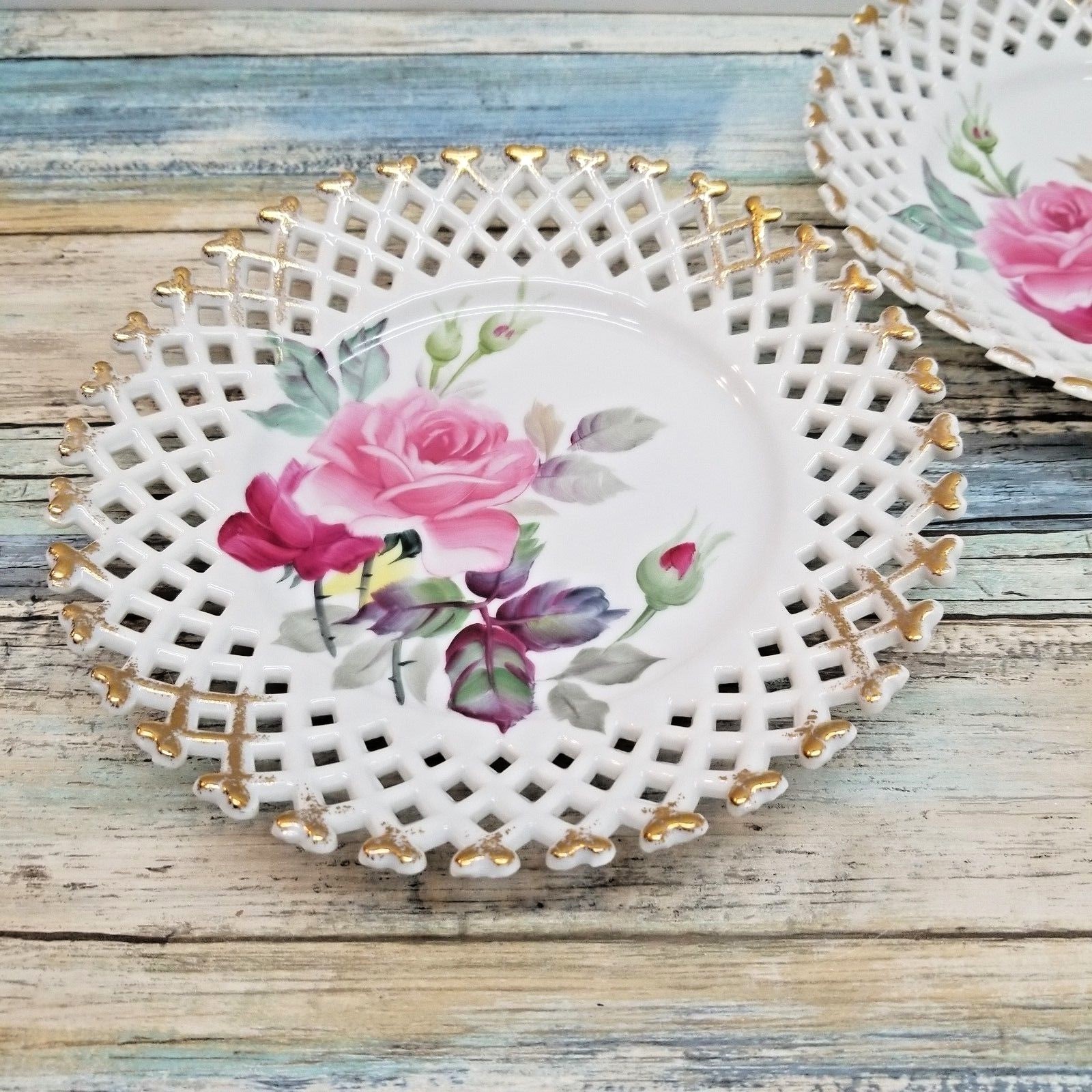 Lefton China - Hand Painted Red Pink Roses Lattice Decorative Plate 8 1/2