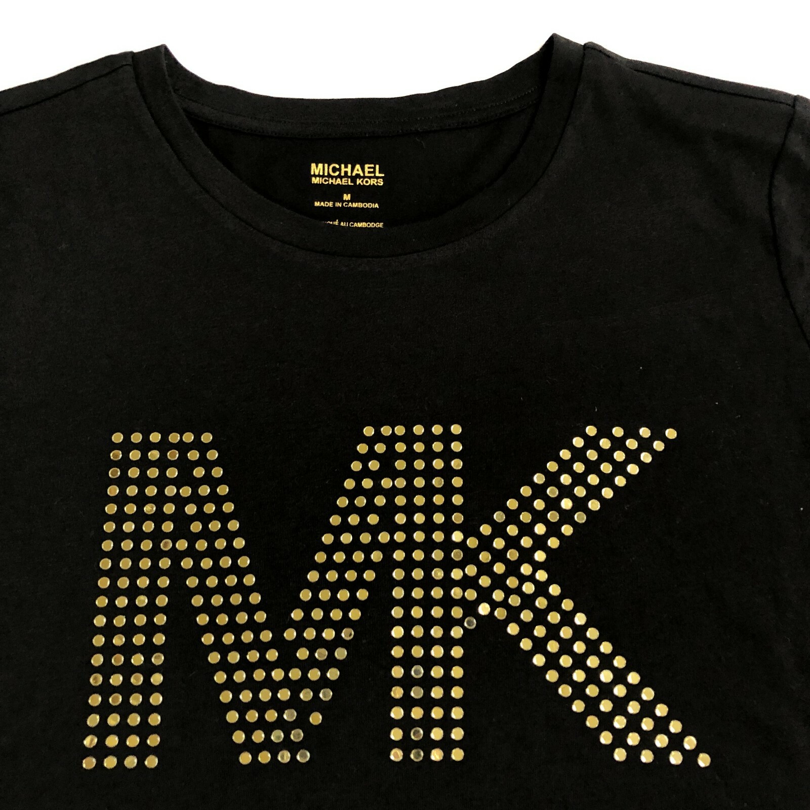 NWT Womens Michael Kors Black T-shirt Gold Sequin MK Logo Gold Mirrored S M  L XL | eBay