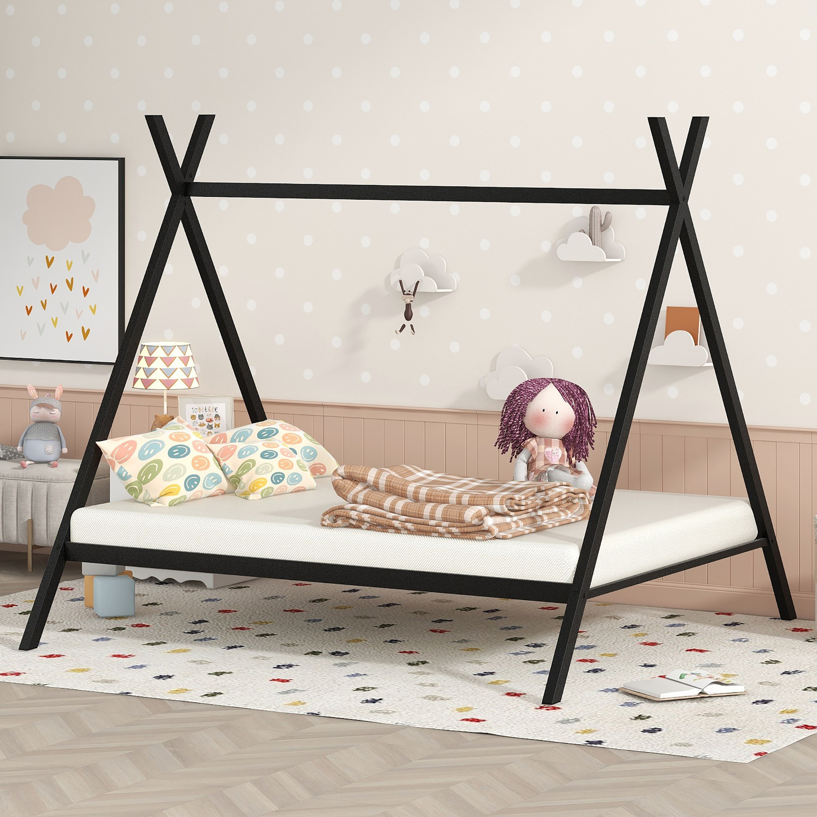 Full Size House Bed Tent Metal Bed Frame with Slat for Kids No Box Spring Needed