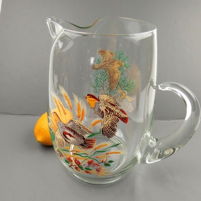 Vintage MCM Blown Clear Glass w Pinched Spout Pitcher Quails Snipe Bird Hunting