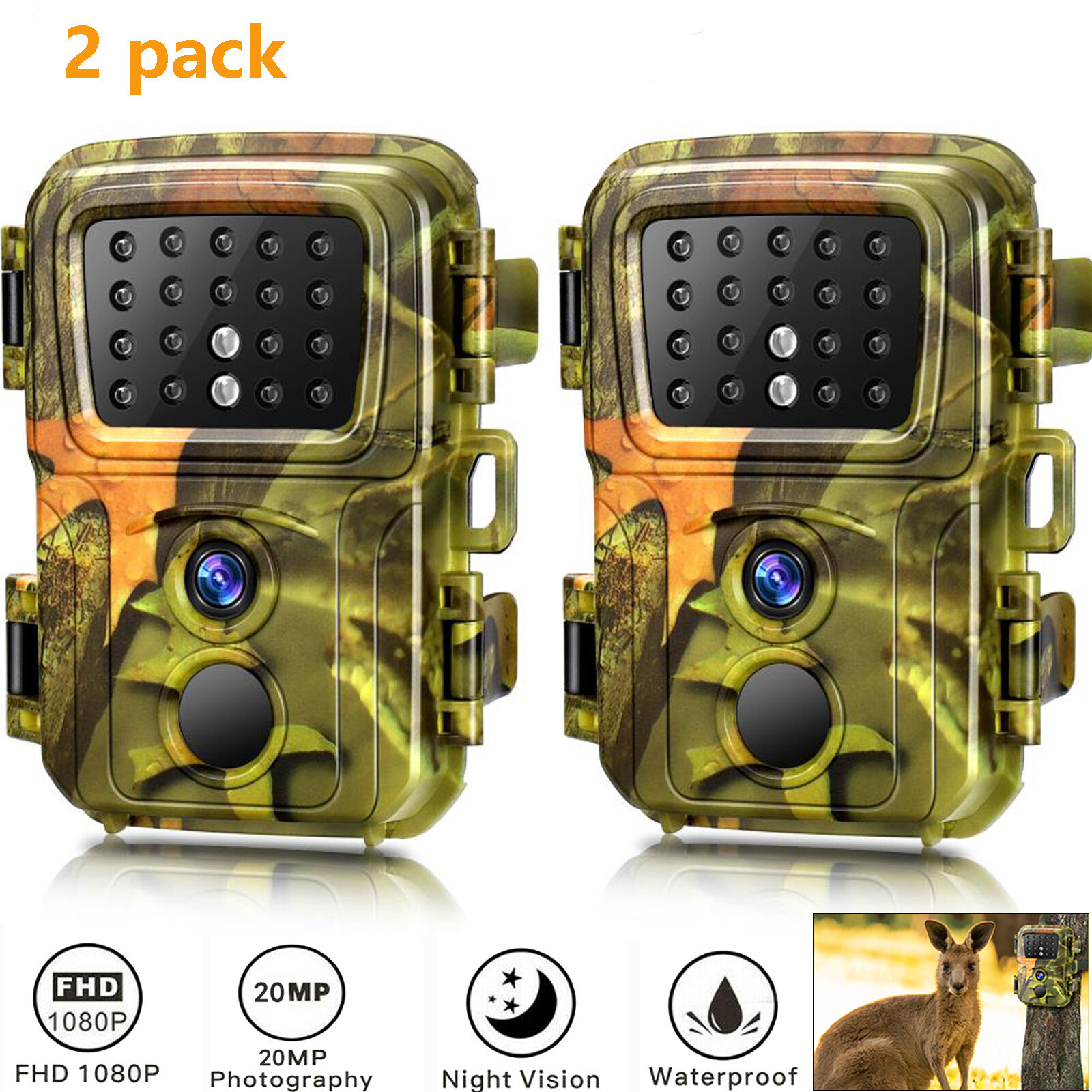 2 Pack 24MP Hunting Game Trail Camera 1080P Wildlife Waterpr