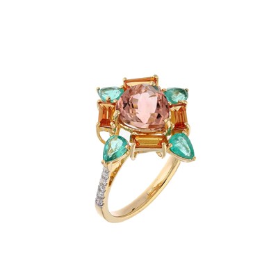 Tourmaline Emerald Sapphire Ring Natural Diamond 18K Gold Statement Fine Jewelry