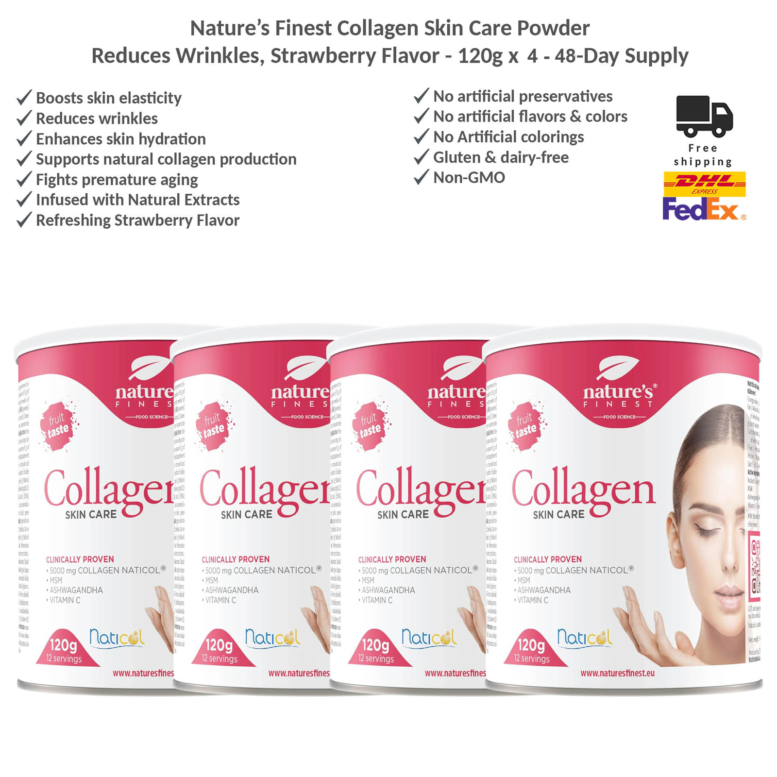 Nature’s Finest Collagen Skin Care Powder 5000mg Strawberry Flavor - Pack of 4 - Picture 1 of 9