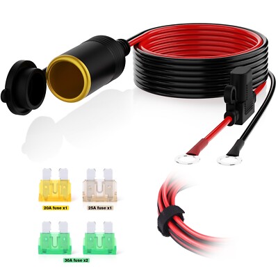 8ft 12 Gauge Cigarette Lighter Extension Cord Cable Power Socket Fuse, 3/8'' Ring
