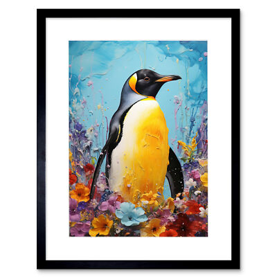 King Penguin in Colourful Floral Flowers Nest Colourful Framed Art Print 12X16