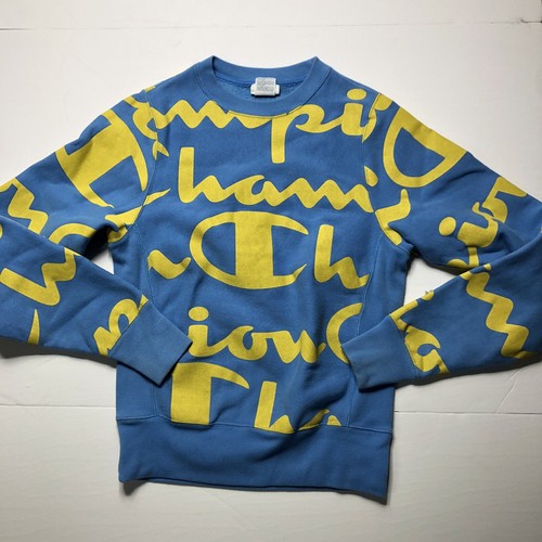 Champion Reverse Weave Blue and Yellow All Over Print Sweater Men's