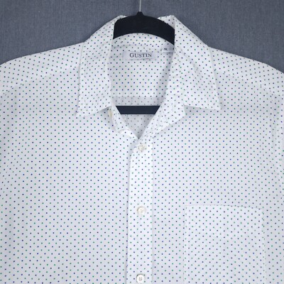Gustin Shirt Mens Medium Slim White Polka Dot Short Sleeve Button Up USA