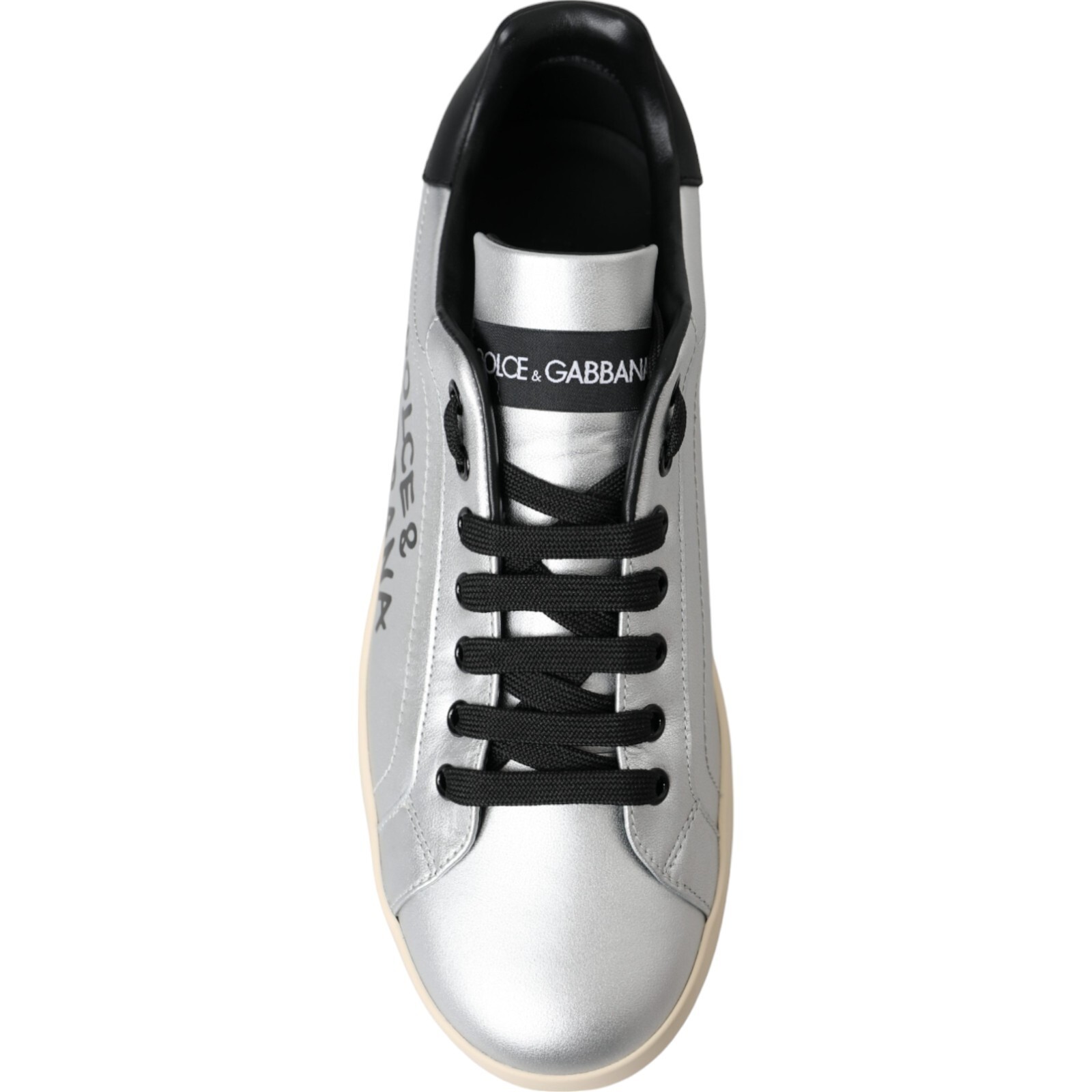 Pre-owned Dolce & Gabbana Shoes Silver Portofino Calf Leather Sneakers Mens Eu40 / Us7
