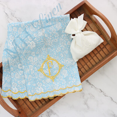 Monogram Initial F Guest Towel in Liberty London Emily Belle Sky Blue Print