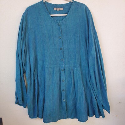 Flax Women's Plus Size Button Down Teal Linen Tunic Gathered Waist Long Sleeve