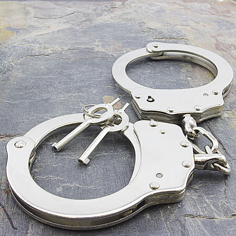 New Nickel Plated Double Lock Police Hand Cuffs W/ Keys