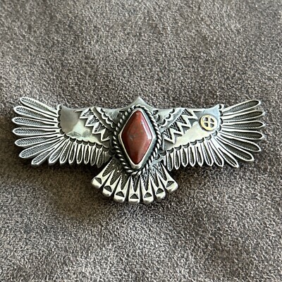 Native American Style 925 Sterling Silver & 18K ,Red Jasper Stone Eagle Pendant