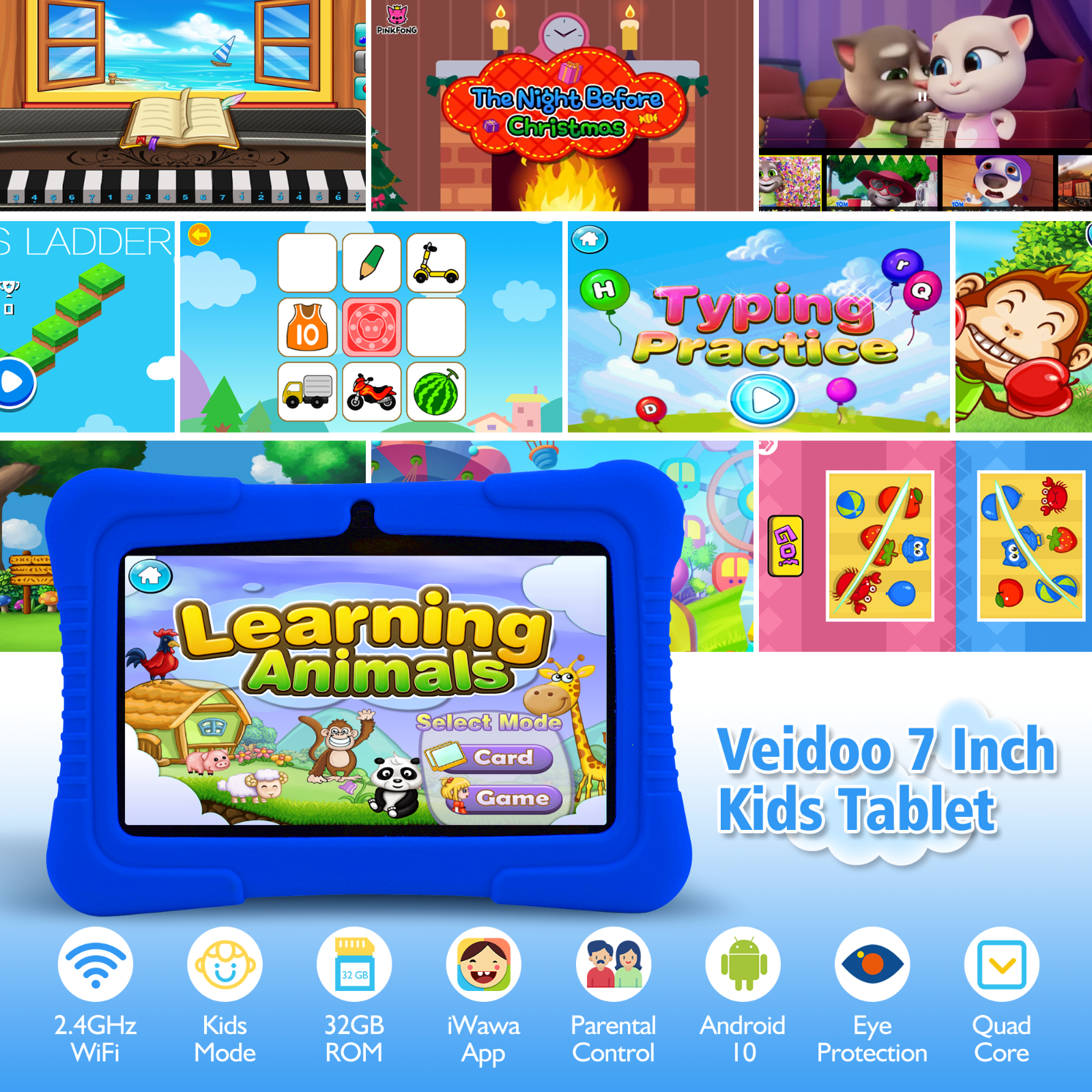 Veidoo Kids Tablet, 7 inch Android Tablet PC, 2GB RAM 32GB ROM, Learning Tablet