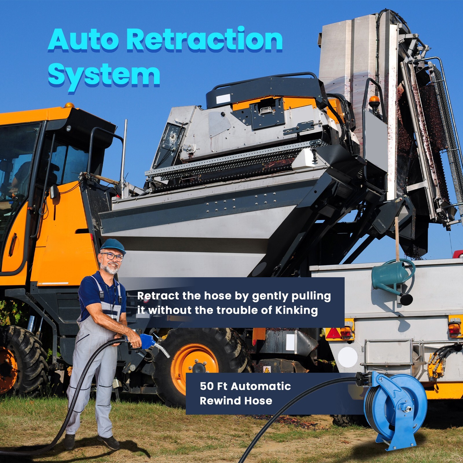 Diesel Fuel Hose Reel Retractable 3/4" x 50' Spring Driven Auto Swivel Rewind