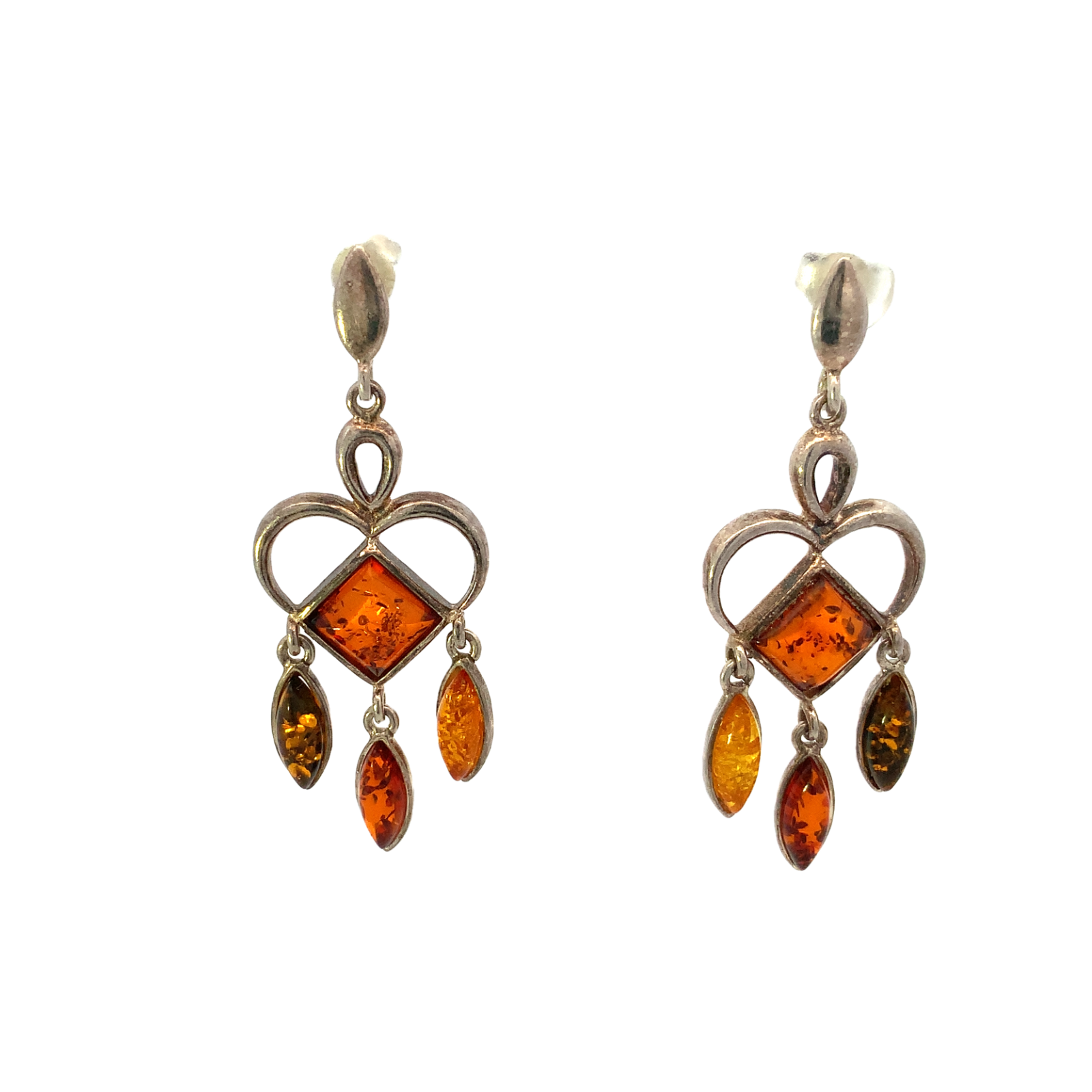 Vtg Sterling Signed 925 Multi Colored Baltic Amber  Stone Dangle Earrings