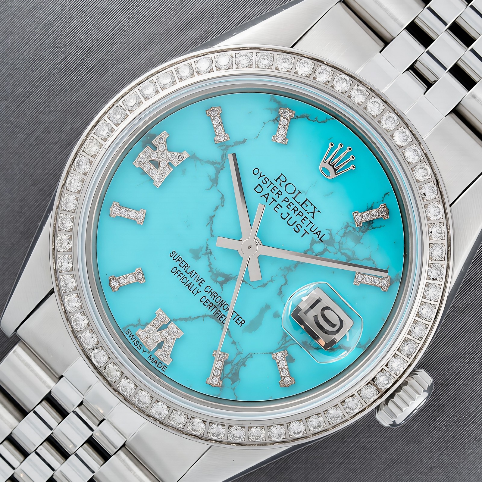 MENS ROLEX DATEJUST TURQUOISE MARBLE DIAMOND DIAL, DIAMOND BEZEL, JUBILEE WATCH