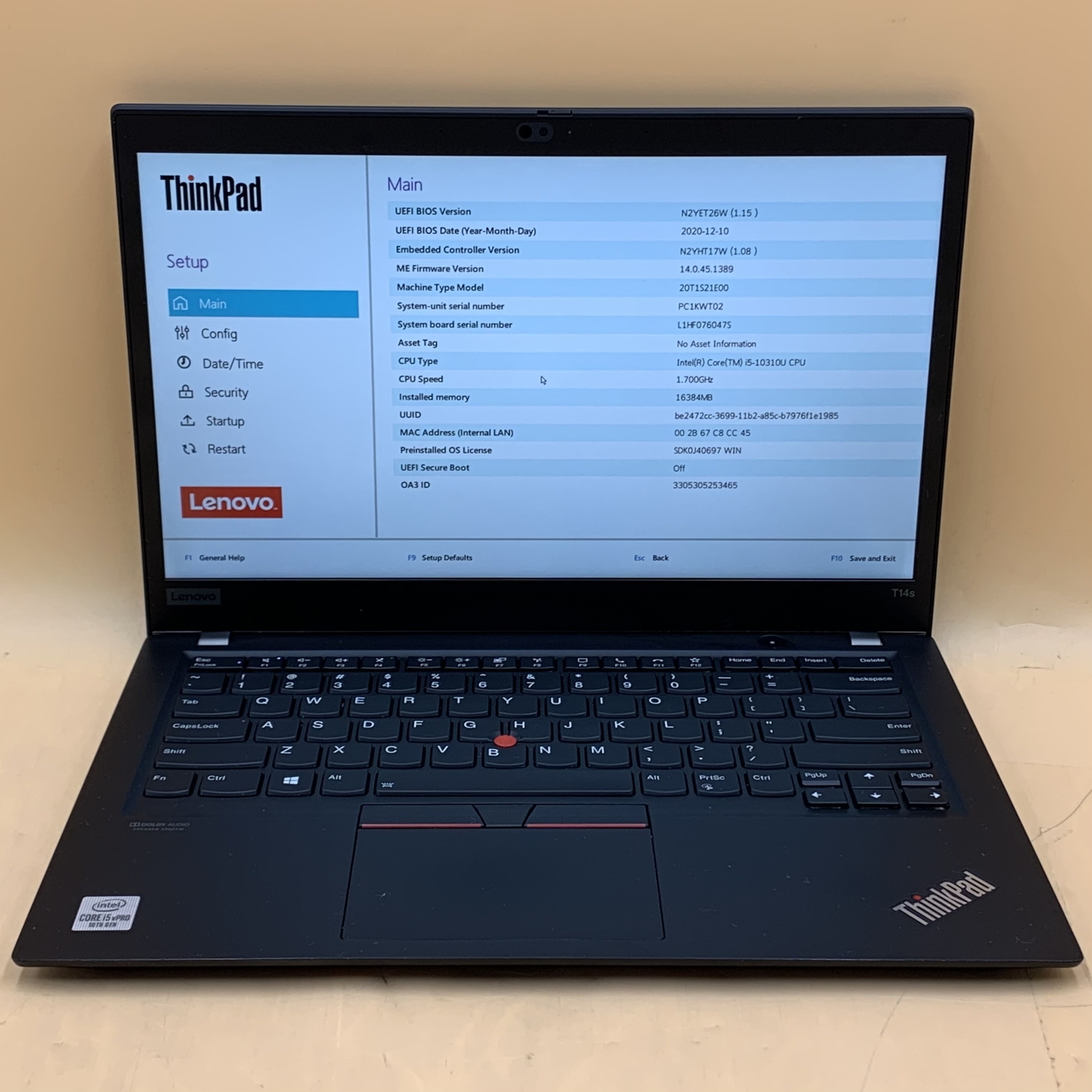 Lenovo ThinkPad T14s Gen 1 20T1-S22J00 i5-10310U 1.7GHz 16GB RAM 256GB SSD - Picture 1 of 7