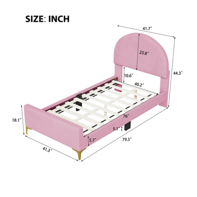 Pink Twin Size Upholstered Platform Bed with Semi-circle Headboard &Gold Legs