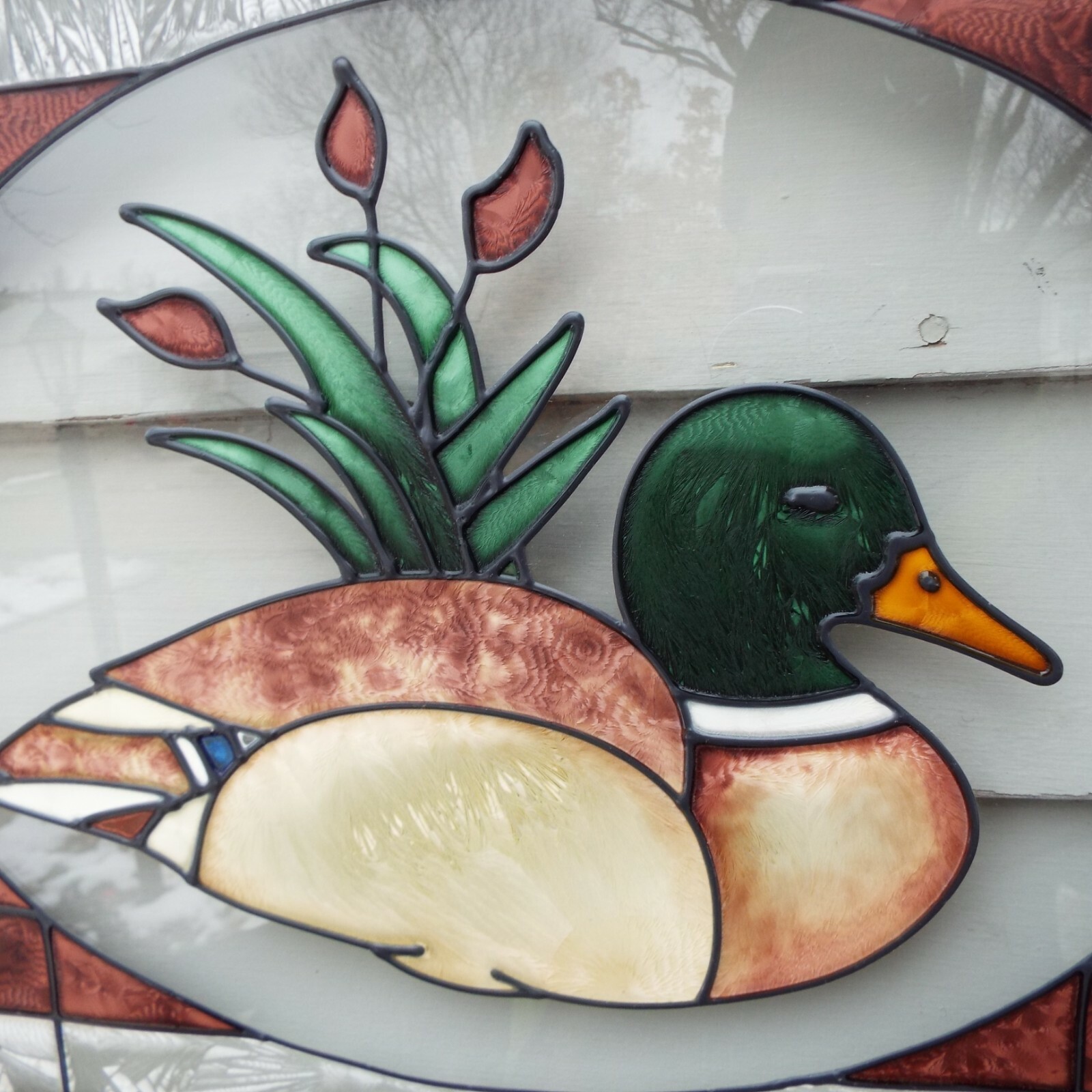 Handcrafted Framed Stained Glass Mallard Duck Wall Hanger Panel Suncatcher NEAT!