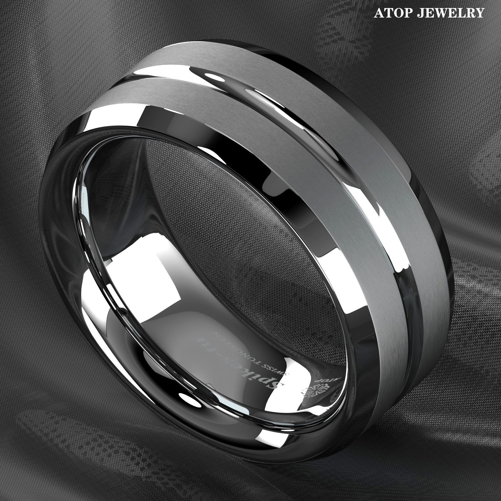 8mm Siver  Tungsten Men Channel Stripe Center Comfort Fit ATOP Wedding Band Ring