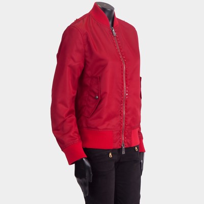 Pre-owned Valentino 3290$ Red Satin Bomber Jacket - Rockstuds, Zip Up, Sleeve Pocket