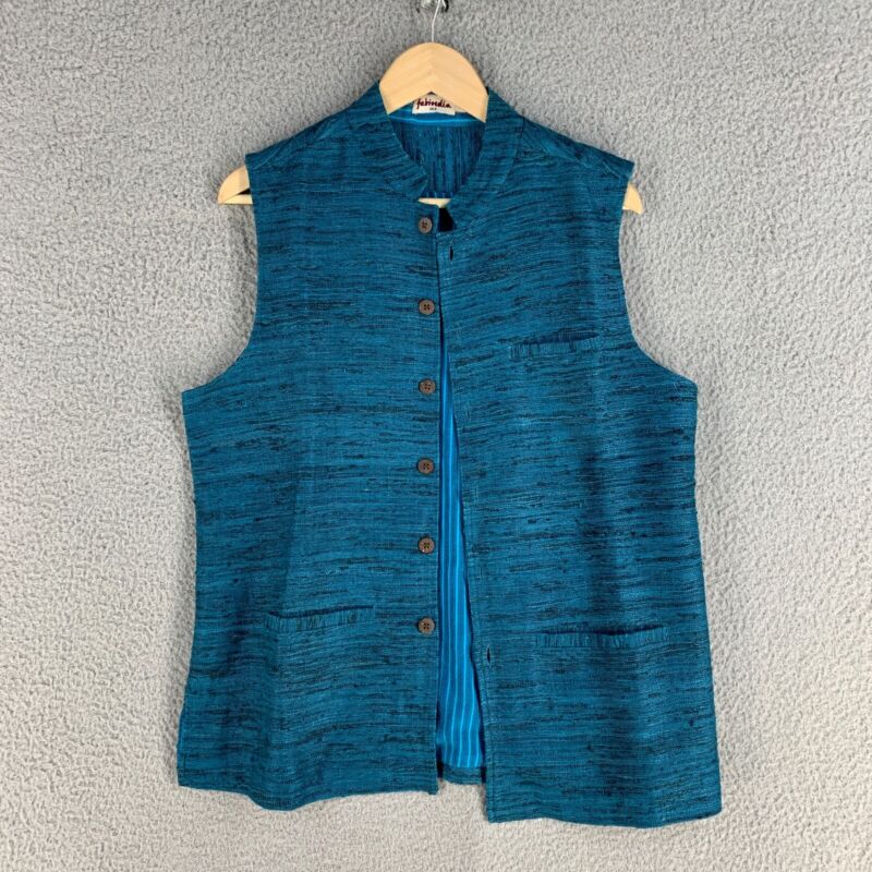 Fabindia Vest Mens 38 100% Silk Blue India Woven Textured Button Up Front Pocket