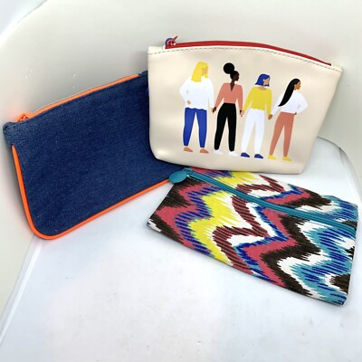 Ipsy Bag Makeup Cosmetic Makeup Travel CONFIDENCE Denim Aztec Lot Of 3 Empty New