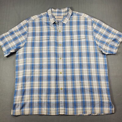TOMMY BAHAMA Shirt Mens XL Button Up Short Sleeve Plaid Check Hawaiian Camp