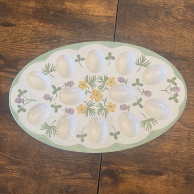 Mesa Home Ceramic Egg Plate Deviled Flowers Green 12 Eggs Holder Platter