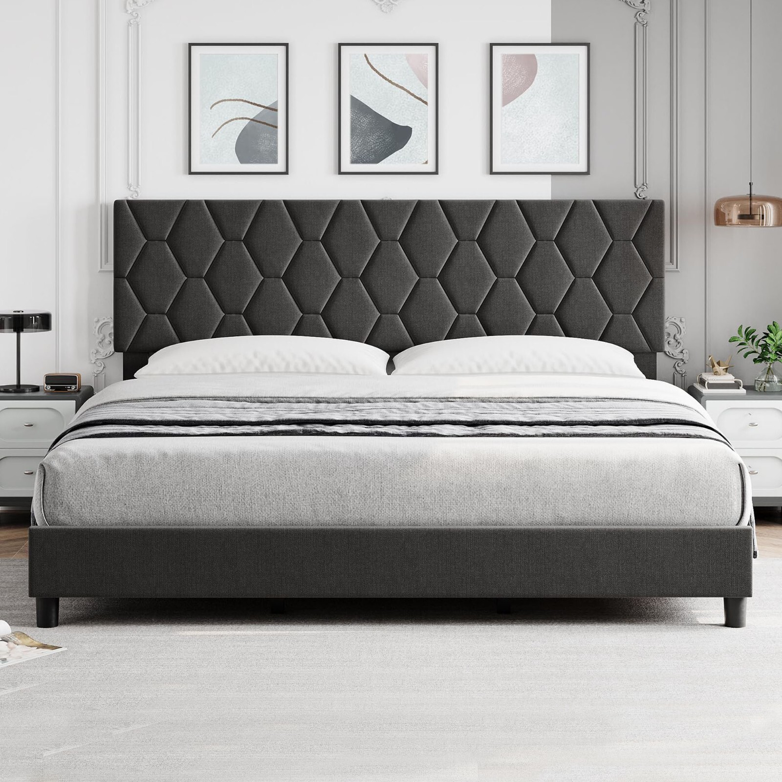 Twin Full Queen King Size Bed Frame Adjustable Upholstered Platform Headboard