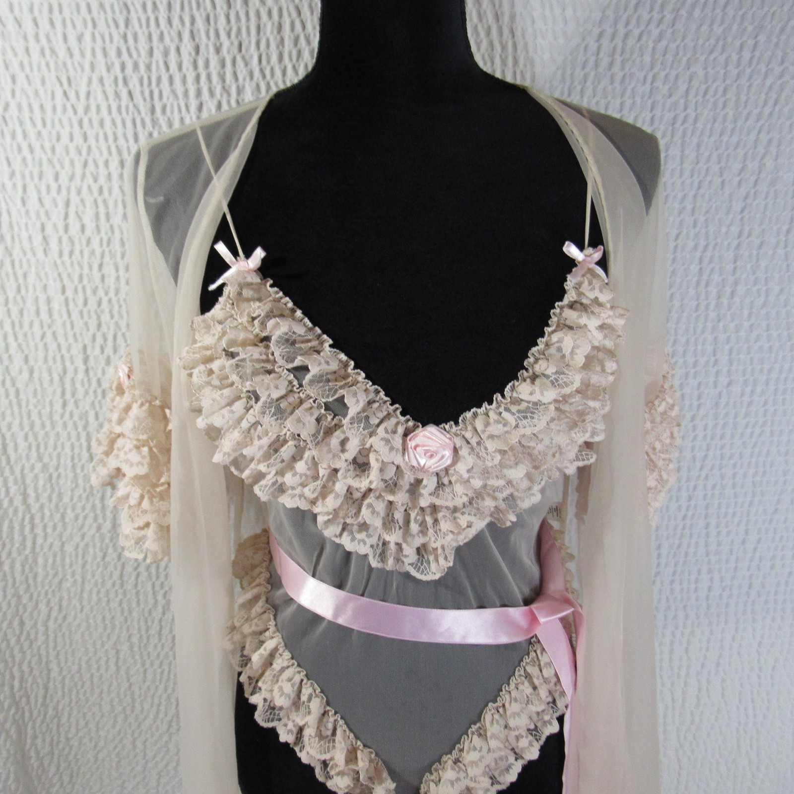 Ruffle Lace Teddy Lingerie Set Bodysuit and Wrap Blush Pink 3pc Chorus Line