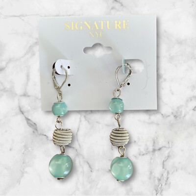 Signature NYC Silver Tone 2 1/2  Dangle Earrings Blue Beads-NWOT