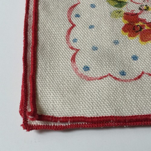 4 Vtg Red Floral Bouquet Blue Ribbon Printed Cloth Napkins