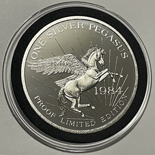 初期！！Man 銀テストラップ 1984 Pegasus Montana Zortman Mine Proof Coin 1 Troy Oz .999 Fine